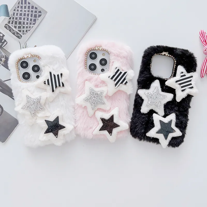 Bling Star Starry Diamond Phone Cases for iPhone 15 14 Pro Max 13 12 11 XR XS X 8 7 Plus iPhone15 Soft TPU Fashion Furfy Fur Fur أصلي أرنب الشعر غطاء الهاتف الخلفي