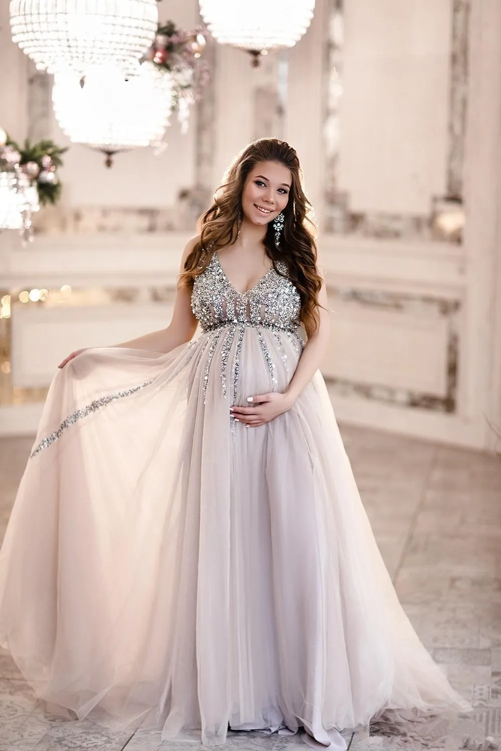 2023 Prom jurken Maternity Amazing Deep V Neck Crystals kralen Empire Taille Tule Sexy vrouwen Dubai Zwangere formele feestavondjurk