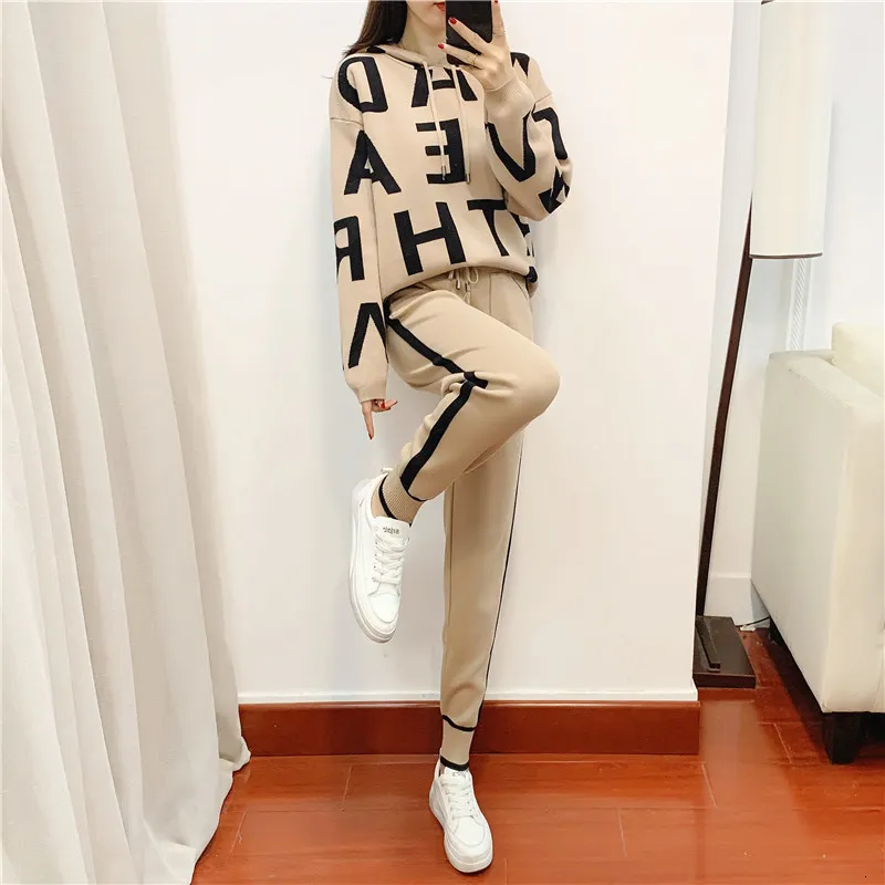 Women's Two Piece Pants Fashion Autumn Women 2 Pieces Sets Casual Letter Print Patchwork Loose Knitted Sweater Sports Harlan Suits Spring 221207