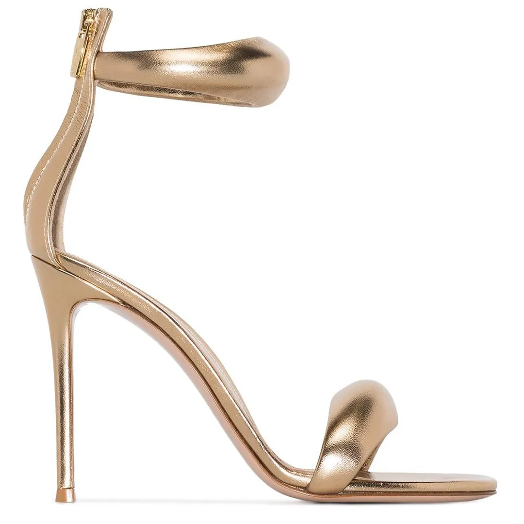 Gianvito Rossi Gold Sandals Designers Shoe Stileetto Heepskin狭いバンド10cm高さヒールデザイナーシューズカバーヒール35-41