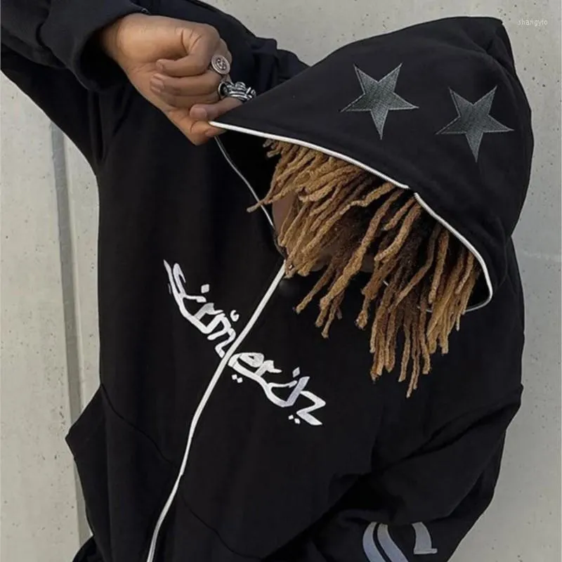 Embroidered Mens Full Zip Black Zipper Hoodie With Star Graph And Letter Print  Hip Hop Street Style Y2K Grunge Jacket And Oversized Sweatshirt From  Shangyio, $23.02