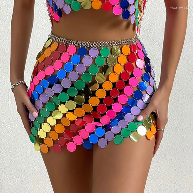 Skirts Festival Fashion Colorful Plastic Sequins Y2k Women Mini Sexy Hollow Out Split See Through Sequin Skirt Nightclub