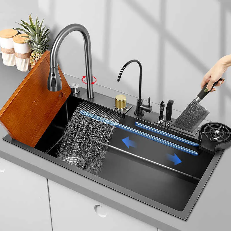 Kitchen Sink 304 Stainless Steel Waterfall Kitchen Sink Black Large Single Bowl With Multifunction Touch Waterfall Faucet