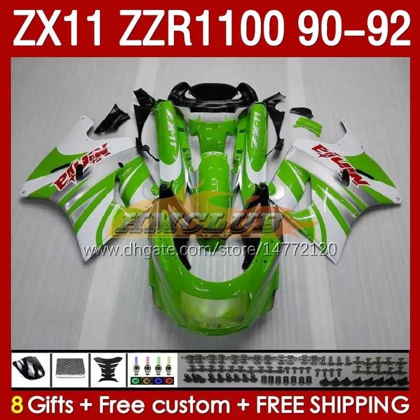 Kawasaki Ninja ZZR1100 ZX 11 R 11R 1990-1992 BODY 164NO.7 ZX-11 R ZZR 1100 CC ZX-11R ZZR-1100 ZX11R 90 91 92 ZX11 R 1990 1991 1991 1992フェアキット緑色の光沢のあるOEMフェアリングス