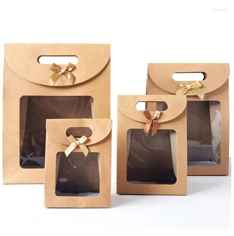 Gift Wrap 12pcs Kraft Paper Bags With PVC Window Portable Packaging Bag For Thanksgiving Wedding Birthday