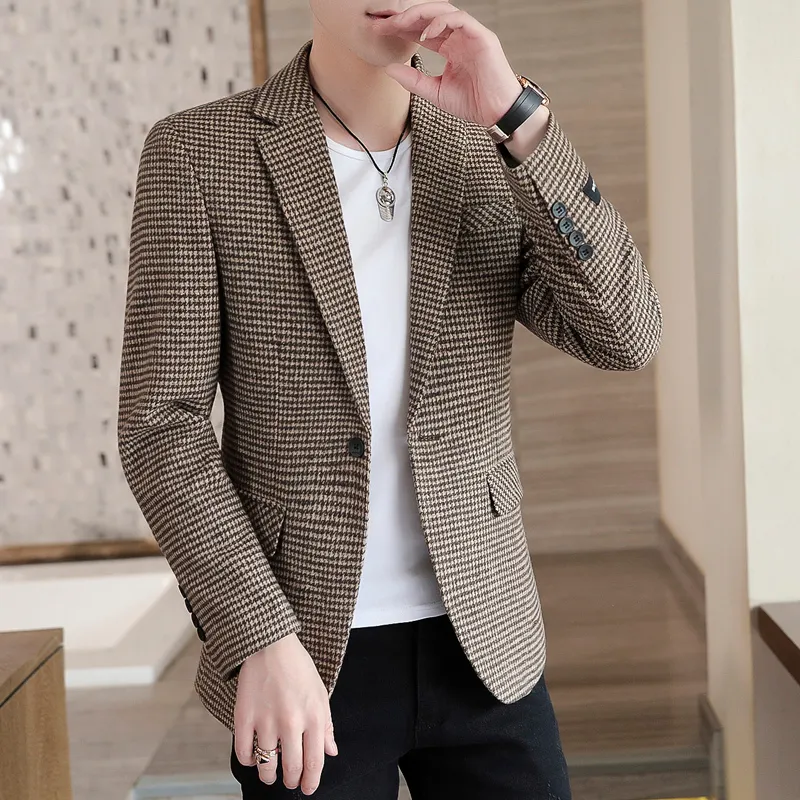 Męskie garnitury Blazers jesień mężczyzn garnitur One Button Classic Houndstooth Koreański styl niezbędny męski Tuxedos Masculino 221208