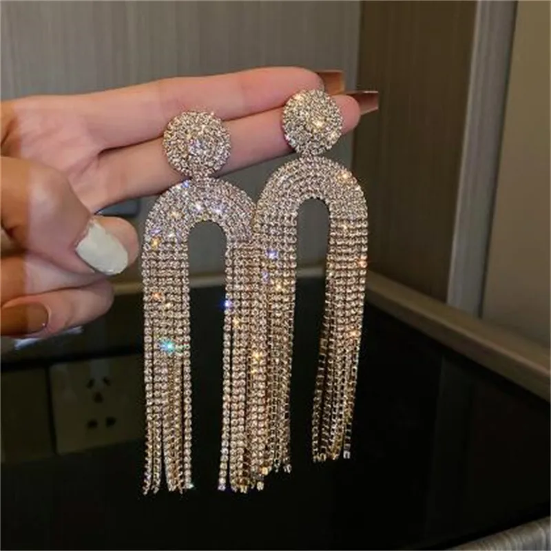 Orecchini A Cerchio Lunghi Con Cristalli E Strass Oro - Pendenti Geometrici Boho Per Donne E Ragazze - 2