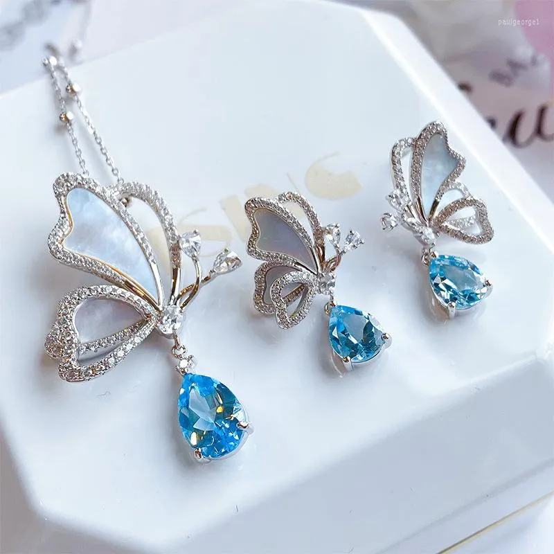 Collier boucles d'oreilles ensemble naturel blanc Fritillaria papillon goutte Santa Maria mer bleu eau en forme de poire pendentif colliers