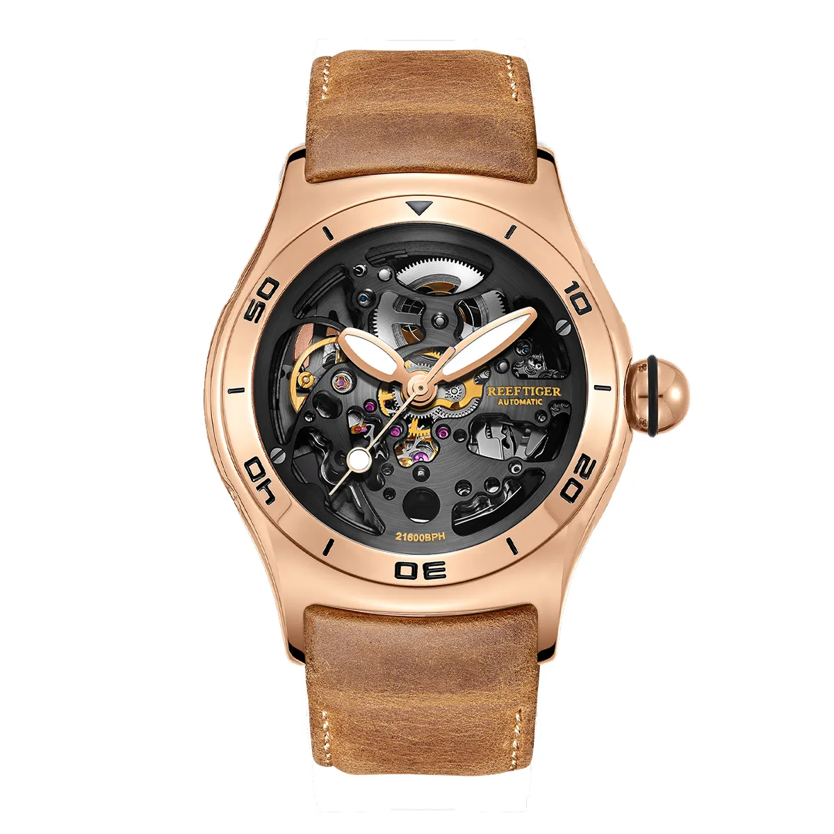 Reef Tiger/RT – montre mécanique automatique pour hommes, marque de luxe, squelette, en acier, Sport, en cuir, RGA70S7-2