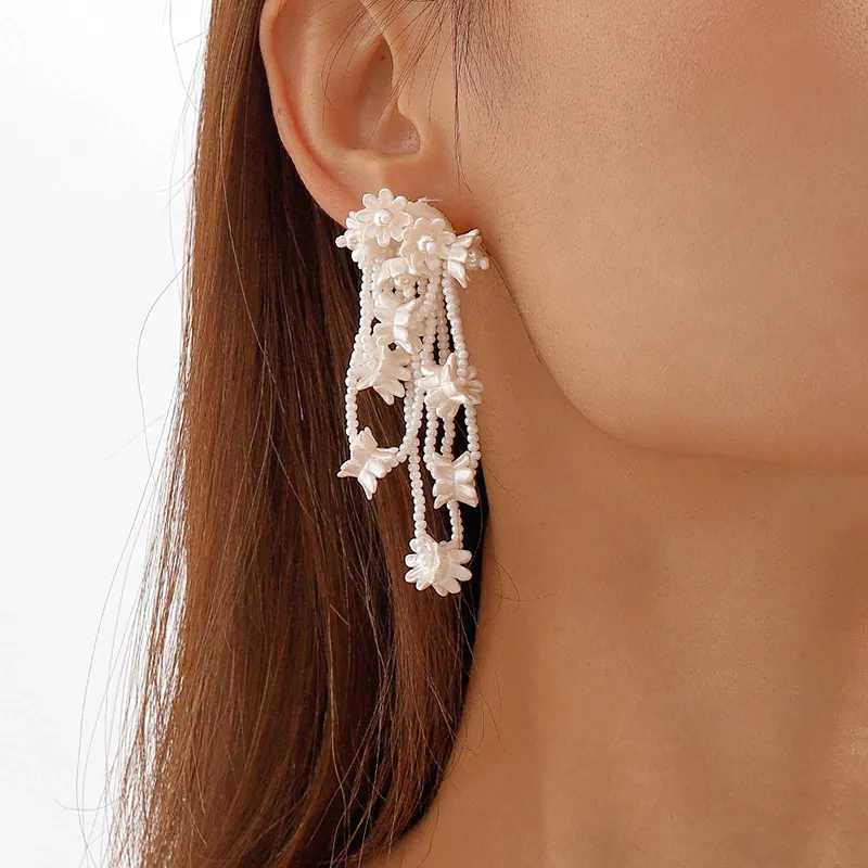 Moda Handmade Pearl Flower Tassel Earsings Exagerados Brincos All-Match Mulheres J￳ias de Casamento de Partimento