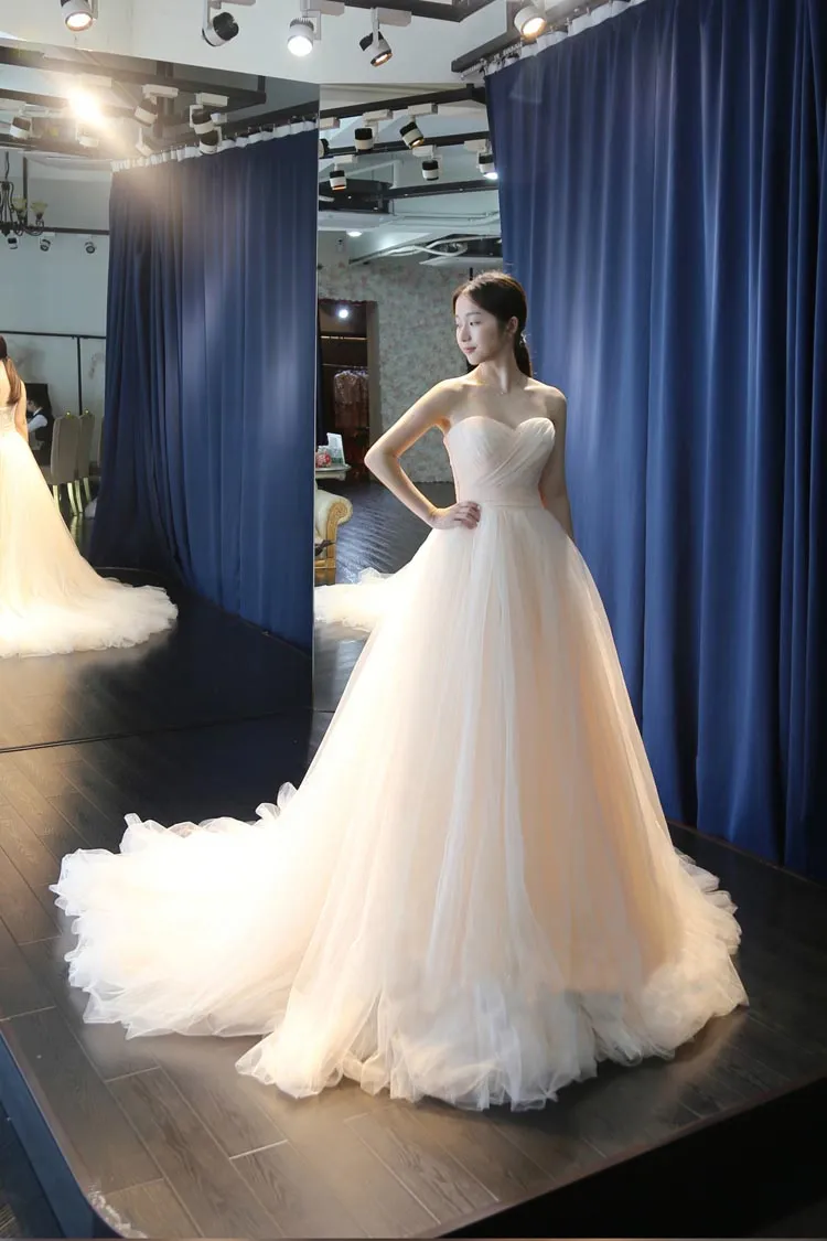 Sweetheart Soft Tulle A-line Wedding Dresses Beach Court Train Wedding Gown