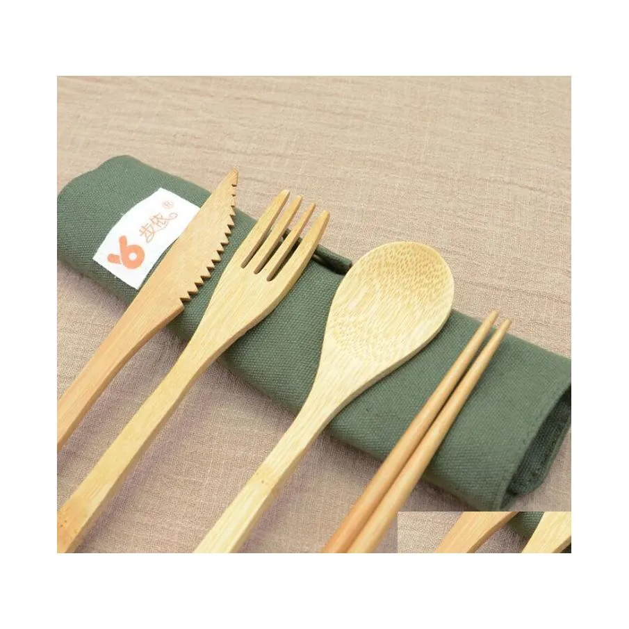 Flatware sets draagbare bamboe bestek set outdoor reiss flatware mes chopsticks vork lepel servies sets voor student service dhg1m