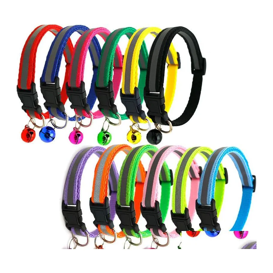 Dog Collars Leashes Reflective Dog Collars Charm And Bell Cat Safety Elastic Adjustable Leashes With Soft Veet Material 12 Colors Dhhku