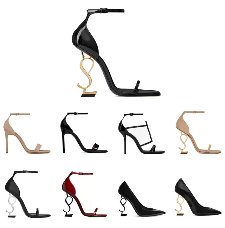 Sandały designerskie kobiety sandałowe sztylet sztylet metalowe litery skórzane sukienki sandałowe buty czarne bandaż bandaż obcas