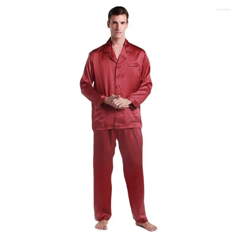 Men's Sleepwear High Quality Man Silk Satin Two Piece Pajamas 22 Momme Long Sleeve Loungewear Pyjamas Man's Set