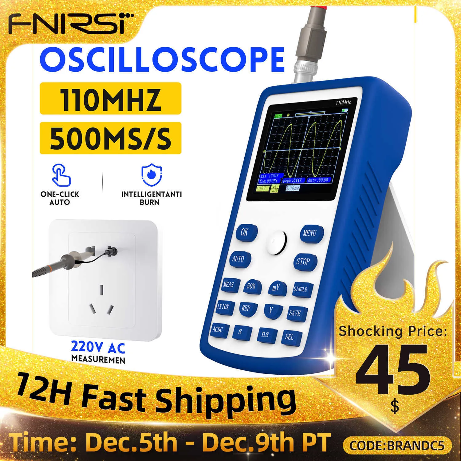 Osciloscopio Digital profesional FNIRSI-1C15, frecuencia de muestreo de 500MS/s, ancho de banda analógico de 110MHz, soporte de almacenamiento de forma de onda