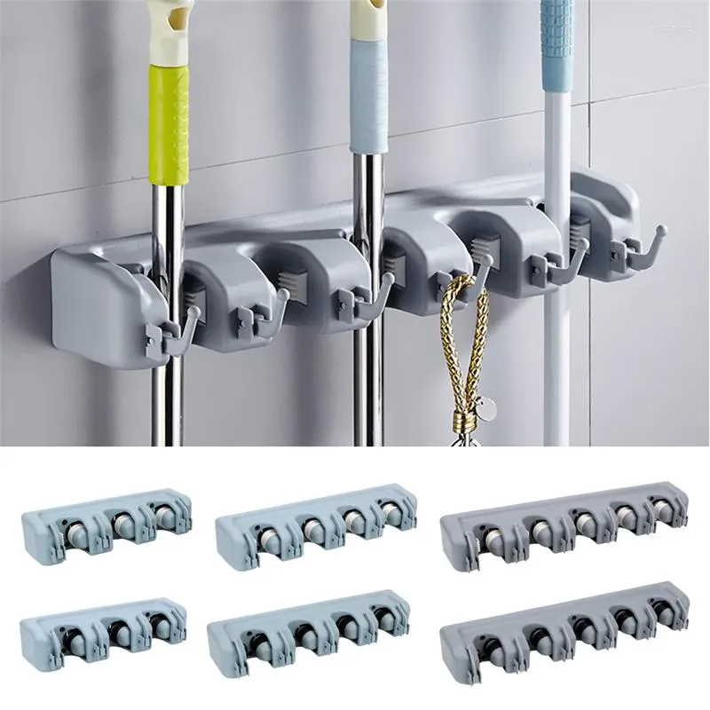 Hooks Plastic Mop Holder Broom Hanger Wall Mounted 3/4/5 Position Support Broomstick Hook Storage Rack Home Bathroom Organizer