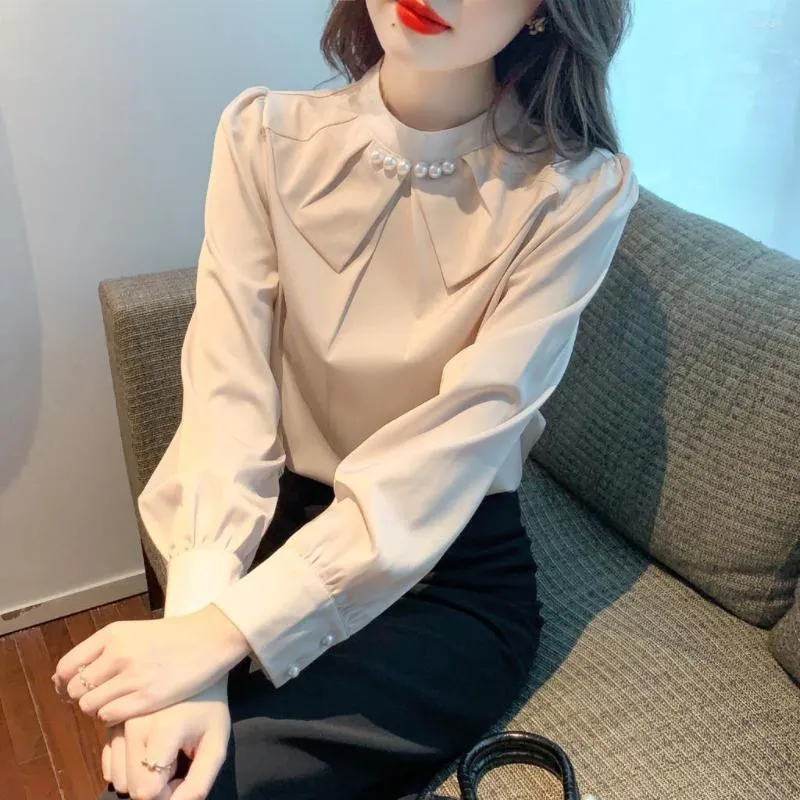 Women's Blouses Autumn 2022 Lotus Collar Workwear OL Shirt Elegant Fashion Beaded Satin Chiffon Blouse Long Sleeve Women Top