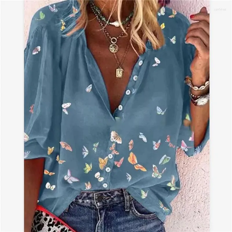 Blusas Femininas 2022 Tops De Verao Camisas Femininas Femininas Casuais Decote Em V Manga Comprida Blusa Feminina Botoes Estampados Borboleta Camisa Para De 76 61 DHgate