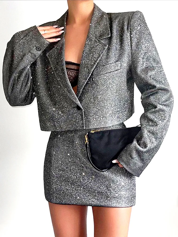 Two Piece Dress Fantoye Glitter kjol sätter kvinnor blazer kostymer dubbel lager elegant outfit glänsande kvinnliga streetwear kläder 221207