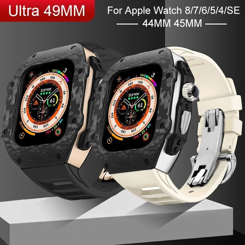 Voor Apple Watch Ultra 49mm Serie 8 7 6 5 4 SE Echte Real Carbon Fiber Modificatie Kit Fluororubber beschermhoes Band Strap Cover