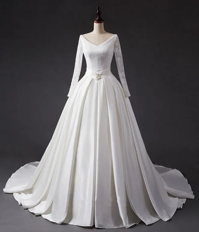 V-neck Long Sleeves A-line Wedding Dresses Lace and Satin Chapel Train Wedding Gown