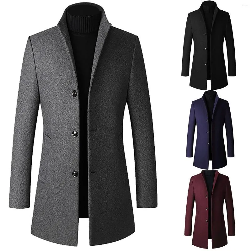 Gilet da uomo Cappotto di lana slim fit di media lunghezza da uomo con giacca casual tinta unita con collo alto