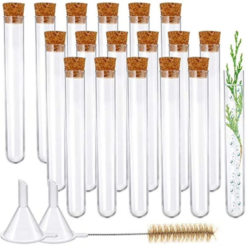 Fournitures de laboratoire 20 pièces Tubes à essai en plastique avec bouchons en liège et 2 entonnoirs 1 brosse pour Halloween Science Party Contenants de stockage de sel de bain de bonbons de Noël