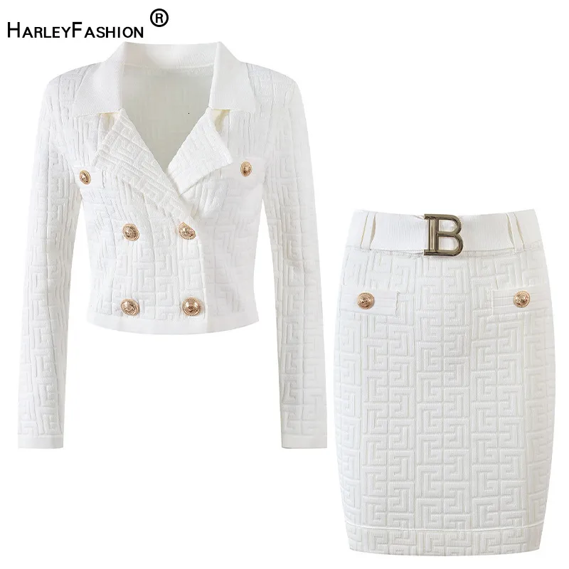 Marca de vestido de duas pe￧as Fall Women Stretch Knit Conjuntos de textura Padr￣o de textura Cardigan Sweater Tops Slim Skirt Belt 2 Option Color OL 221207