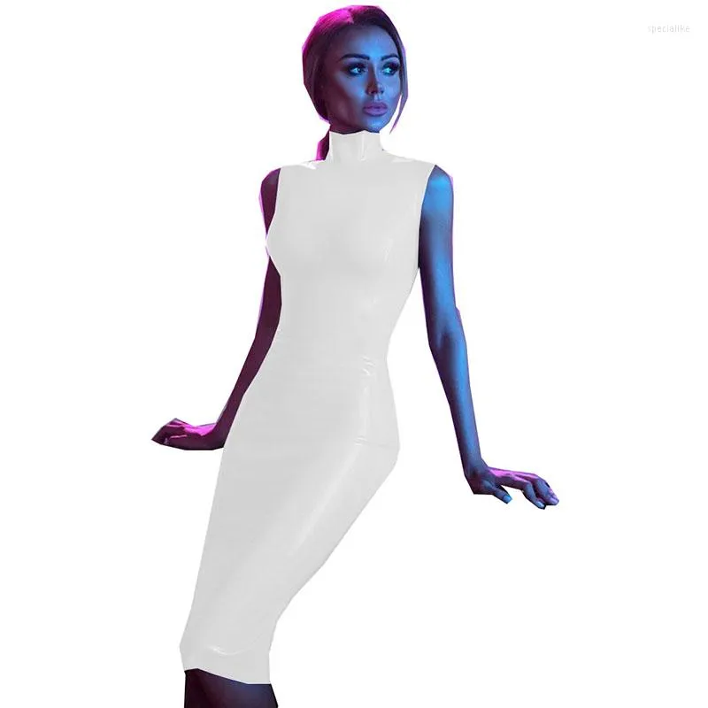 Casual klänningar sexiga mode kvinnor patent läder klänning hög hals ärmlös kroppskond för vinyl sommarpenna 7xl