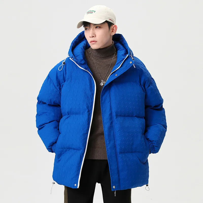 Herren-Daunenparka-Mantel für Herren, Winter, kariert, Reißverschluss, warm, verdickt, Streetwear, Retro-Kapuze, Blase, lässig, klein, blaue Pufferjacke 221207