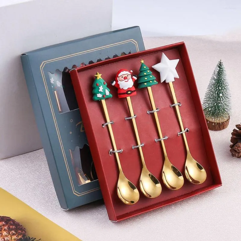 Dinnerware Sets 4Pcs Year Christmas Spoon Fork Decorations For Home Xmas Gifts 2022 Tableware With Gift Box