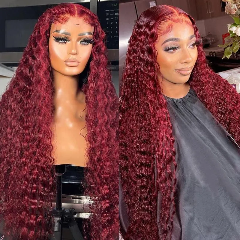 Perruque Lace Frontal Wig Deep Wave transparente bordeaux, cheveux naturels brésiliens Remy bouclés, couleur rouge, 13x4, T Part, pour femmes