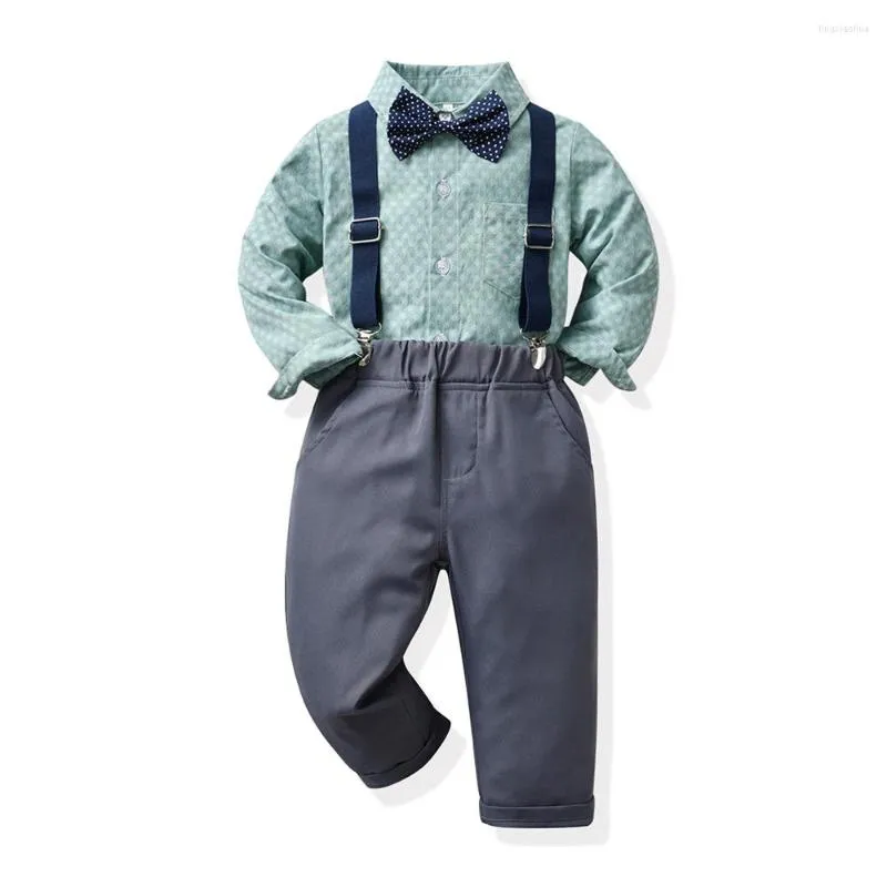 Roupas conjuntos de crianças pequenas roupas cavalheiros festas de roupas de manga longa camisa verde calça cinza suspensa crianças meninos de 1 a 7 anos
