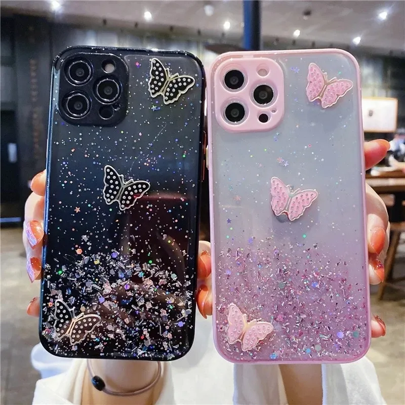 Fundas de lujo Moda 3D Bling Butterfly Funda blanda femenina para Iphone 13 14 11 12 Pro Max Mini 7 8 Plus Xr X Xs Max Se Girl Fundas para teléfono