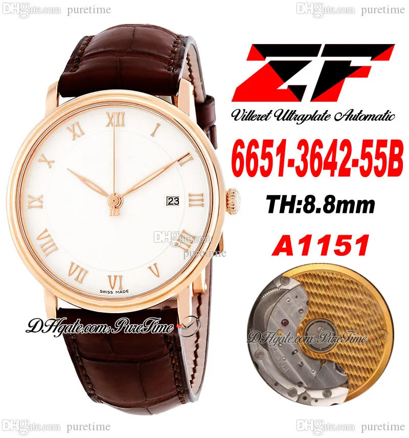 Villeret UltraPlate Ultra Slim A1511 Automatic Mens Watch ZF 6651-3642-55B Rose Gold White Dial Silver Roman Marker Brown Leather Strap Super Edition Puretime B2