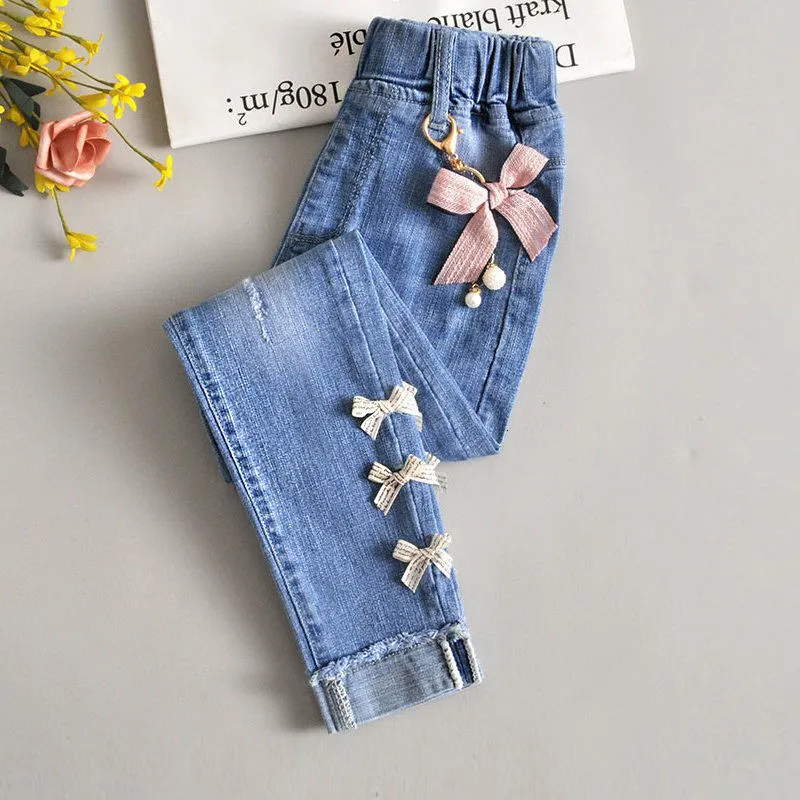 Trousers 4 12year Children's Clothes Girls Bow Jeans Casual Slim Thin Denim Baby Girl For Big Kids Long Chain 221207