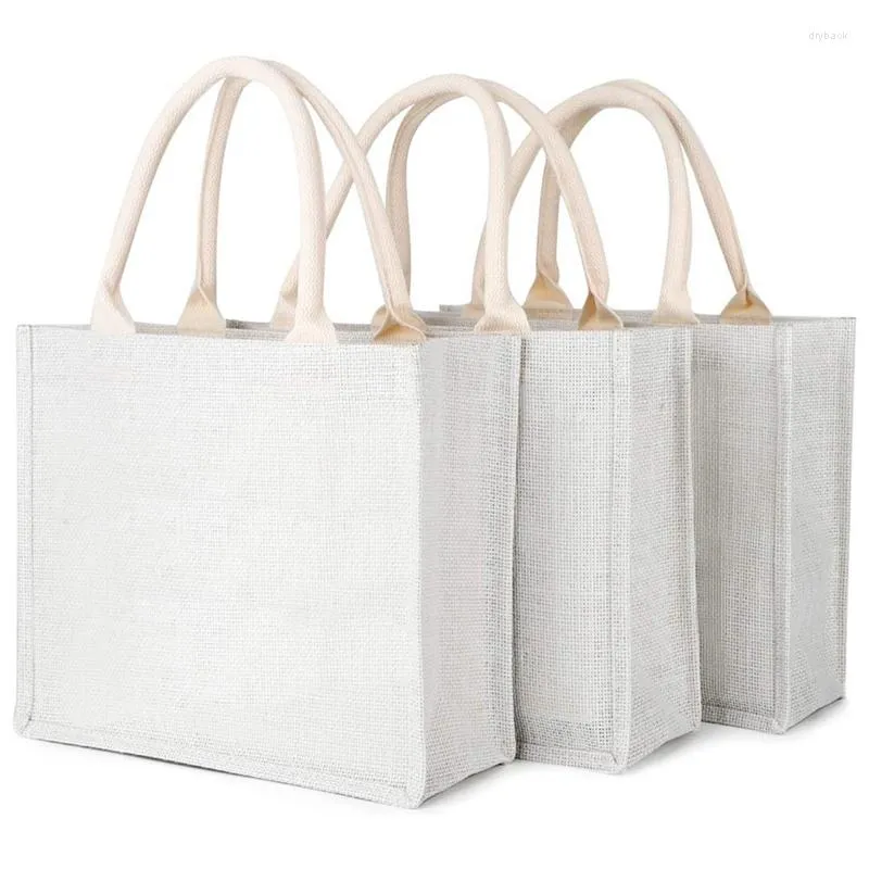 Embrulhado de presente 3pcs Branco de bolsas de juta de estopa com alças laminadas no interior dama de honra Mercearia reutilizável