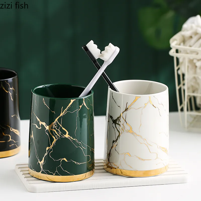 Badtillbehör Set European Modern Gilded Marble Pattern Ceramic Tooth Brush Cup Hushåll Par Vatten Tandborste Badrumstillbehör 221207