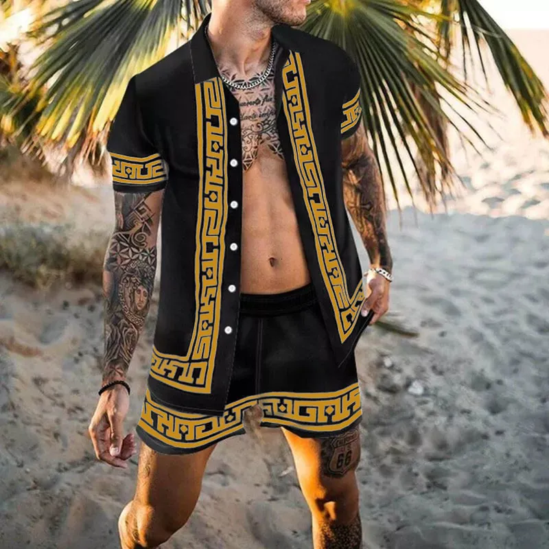 Męskie dresy ustawione drukowane patchwork Lapel z krótkim rękawem swobodne koszulę na plażę spodenki letnia streetwear wakacje hawajskie garnitury s-3xl 221208