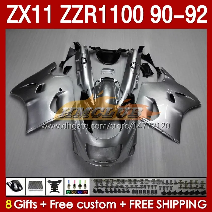 Kawasaki 닌자 ZZR1100 ZX 11 R 11R 1990-1992 바디 164NO.15 ZX-11 R ZZR 1100 CC ZX-11R ZZR-1100 ZX11R 90 91 92 ZX11 R 1991 1991 페어링 키트 글로시 은색