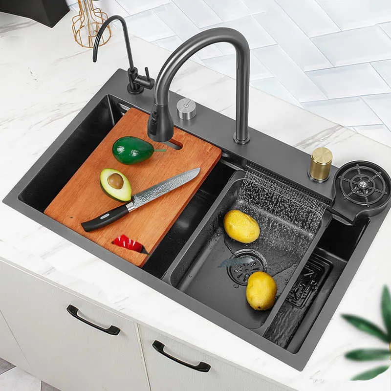 Fregadero de cocina de acero inoxidable negro Nano, accesorios de cocina en  cascada, lavabo de piscina, cuenco de fregadero individual, artículos de