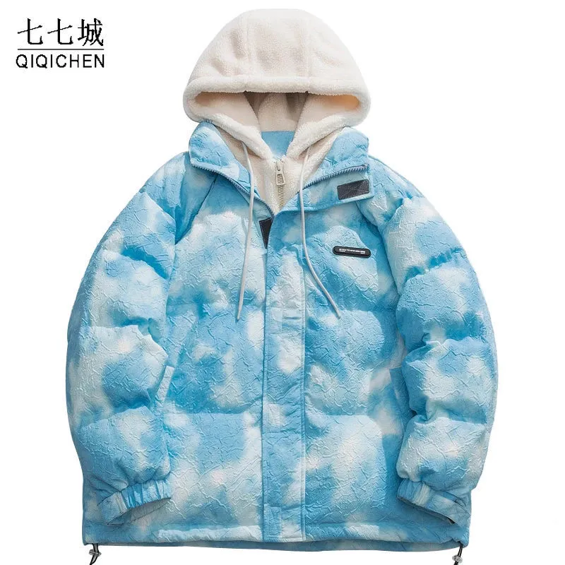 Men's Down Parkas Men Winter Hooded Parka Jackets Streetwear Hip Hop Tie Dye Fuzzy Fluffy Hood Thick Warm Coats Harajuku Fashion Casual Outdoor 221208