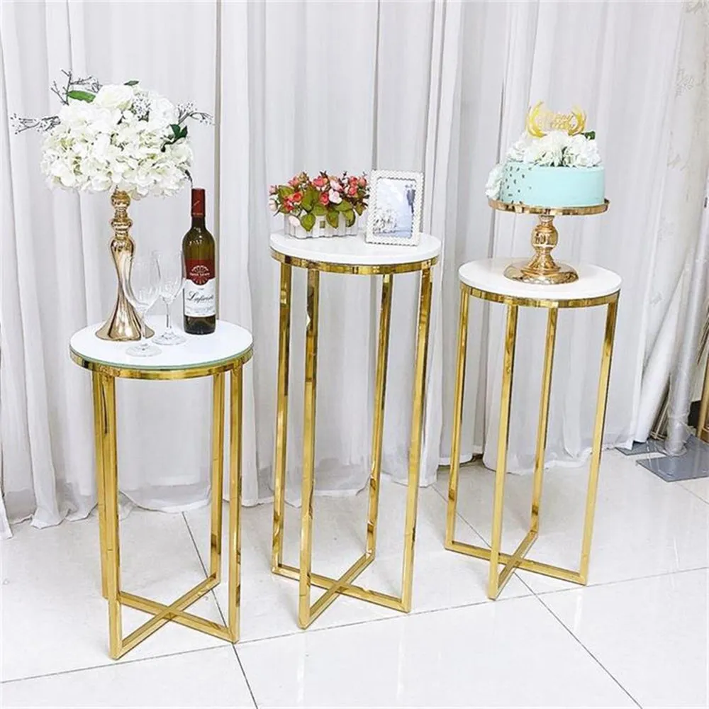 3pcs/lot upscale mesa de casamento peças centrais decoração rack rack de ouro bolo de ouro stand stand guia rodoe stander para festa