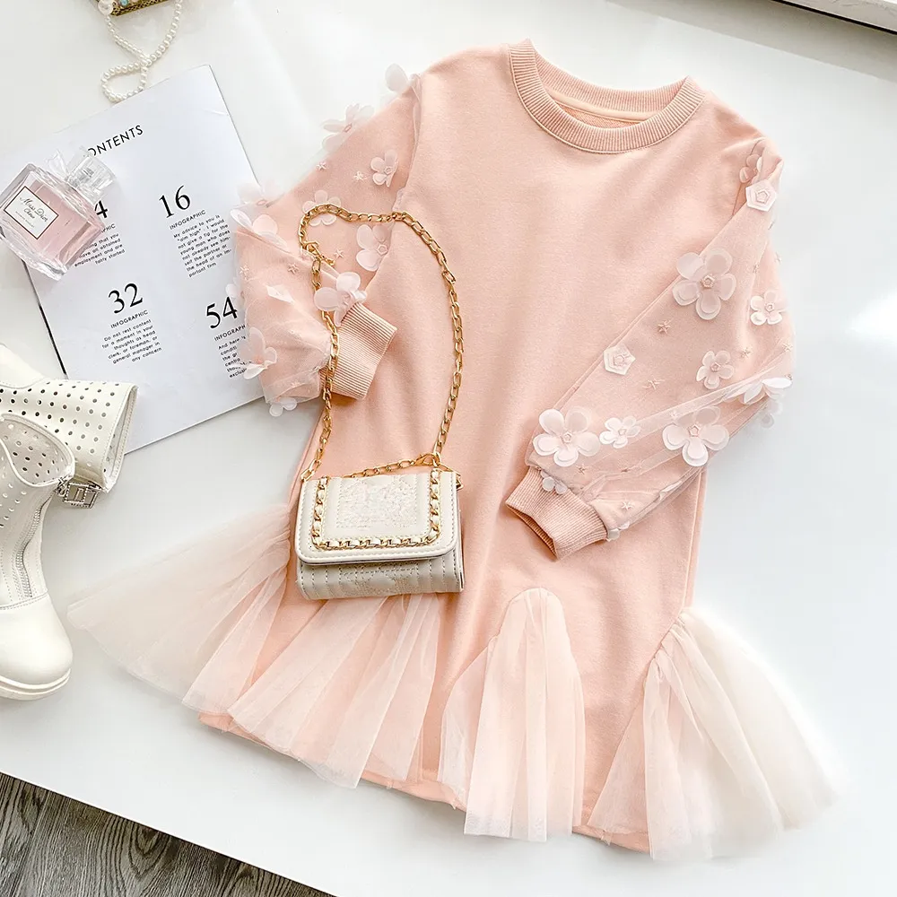 Filles Robes Mode Enfants Coton pour Tenues D'hiver Casual Rose Couleur Toddler Fille avec Dentelle Fleur 221208