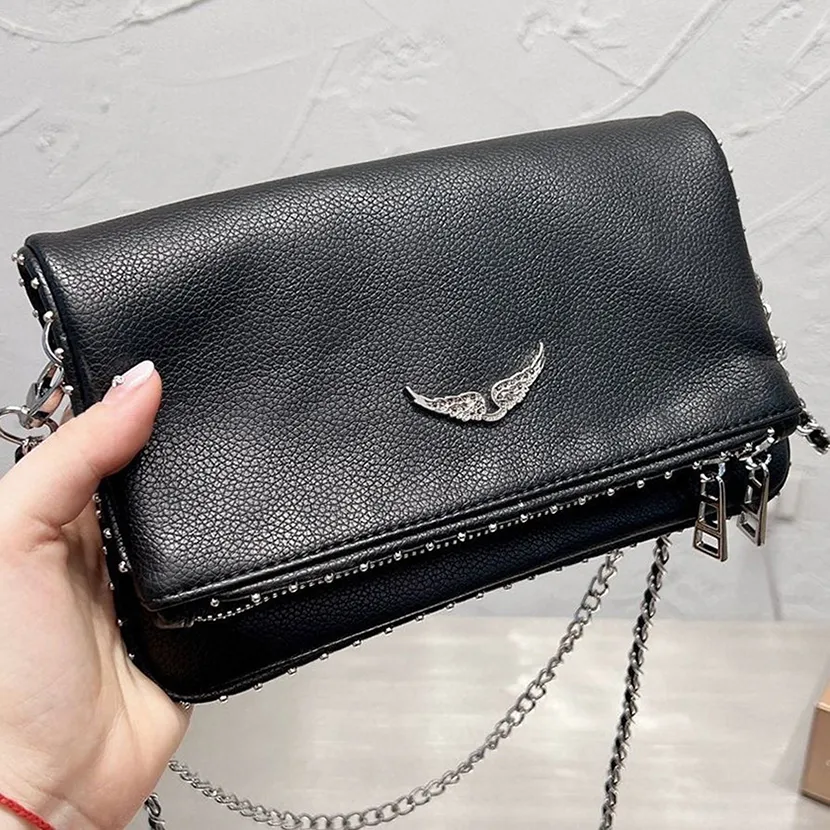 Popular diseñador bolso para mujer bolso alas diamante planchado zv remaches piel de oveja cuero mensajero crossbody bolsos dos cadena damas embrague bolsos