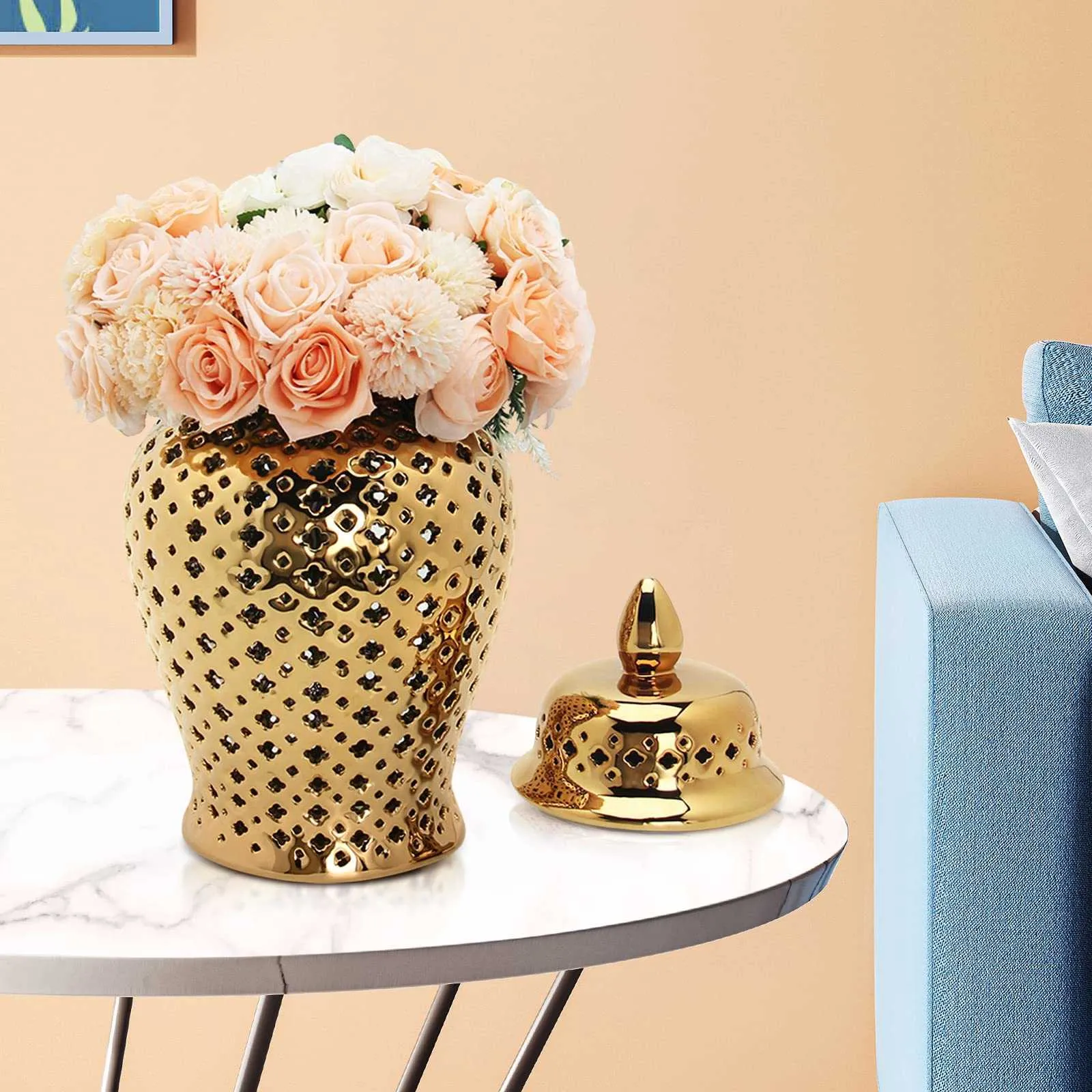 セラミックジャー：蓋付きのゴールドピアスセラミックジンジャージャー