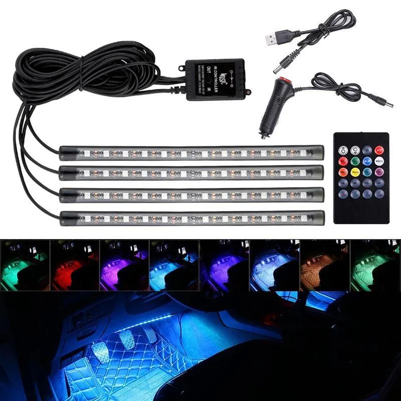 LED a LED automatico RGB Atmosfera Atmosfera Light Decorative Foot Lampada con Musica Remoto Wireless USB Controllo multipli per auto per auto