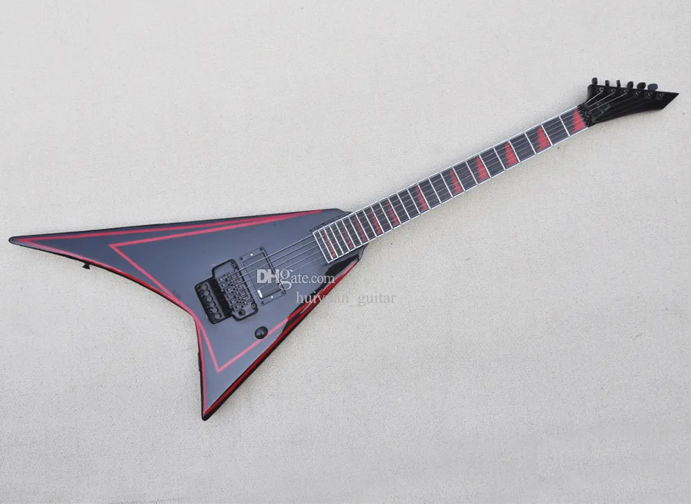 Schwarze V-E-Gitarre mit rotem Aufkleber, Floyd Rose-Palisandergriffbrett, 24 Bünde, kann nach Wunsch individuell angepasst werden