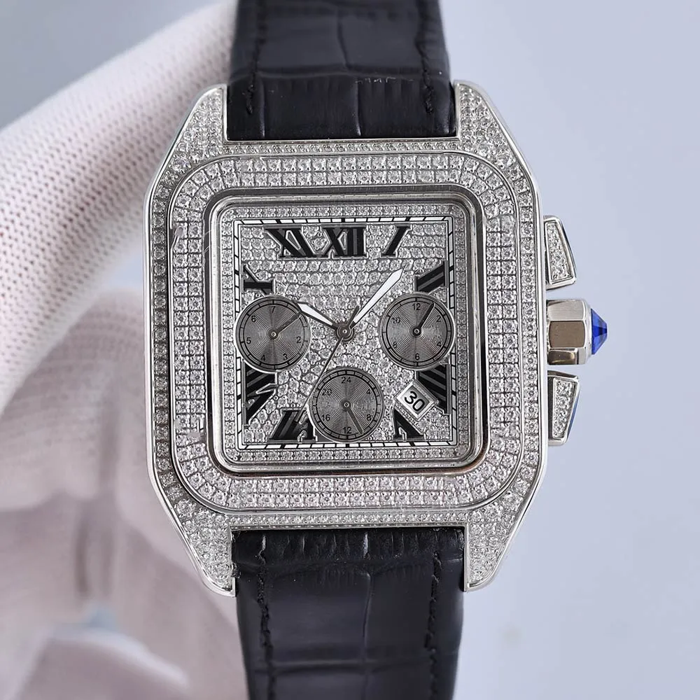 Gehäuse mit Diamant-Herrenuhr, automatische mechanische Uhrwerk 9100, 42 mm, mit Strasssteinen eingelegt, wasserdichte Armbanduhr mit Rindslederarmband, Montre de Luxe